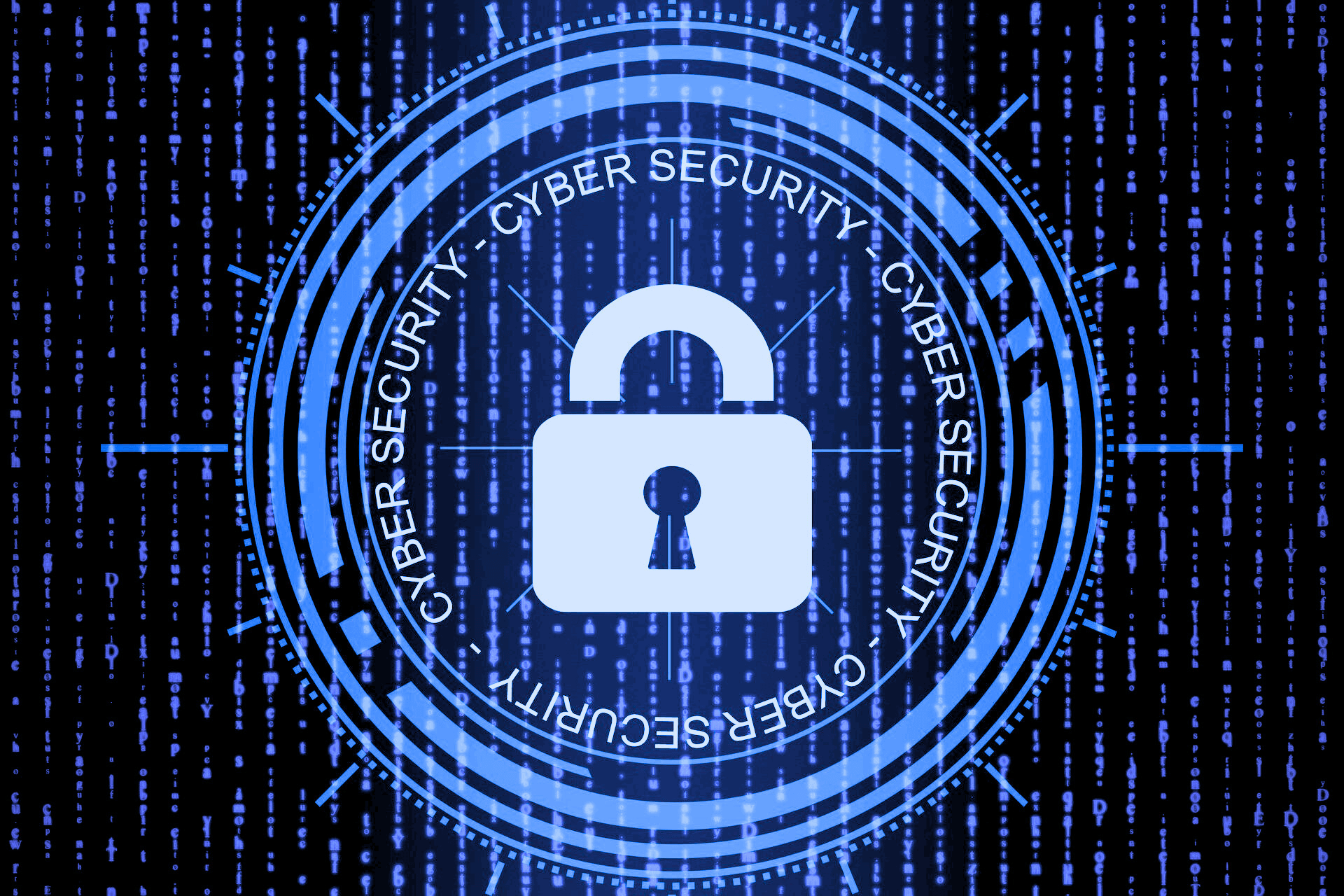 A key padlock positioned within concentric circles and the words'Cyber Security' on a dark background with vertically aligned streams of small blue data